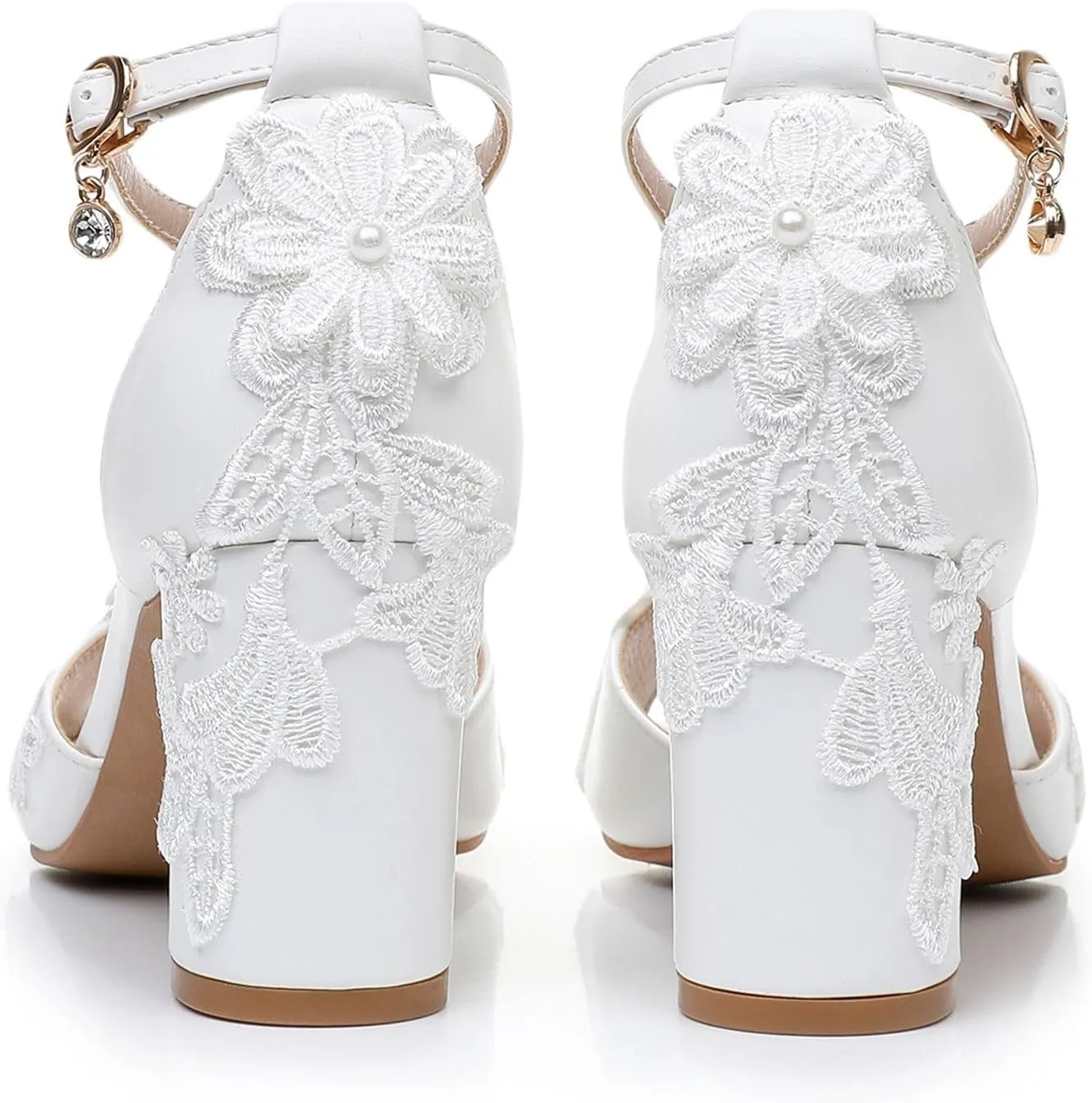 3 Inches Women Thick High Heels Bride Sandals White Floral Lace Pumps Wedding Shoes