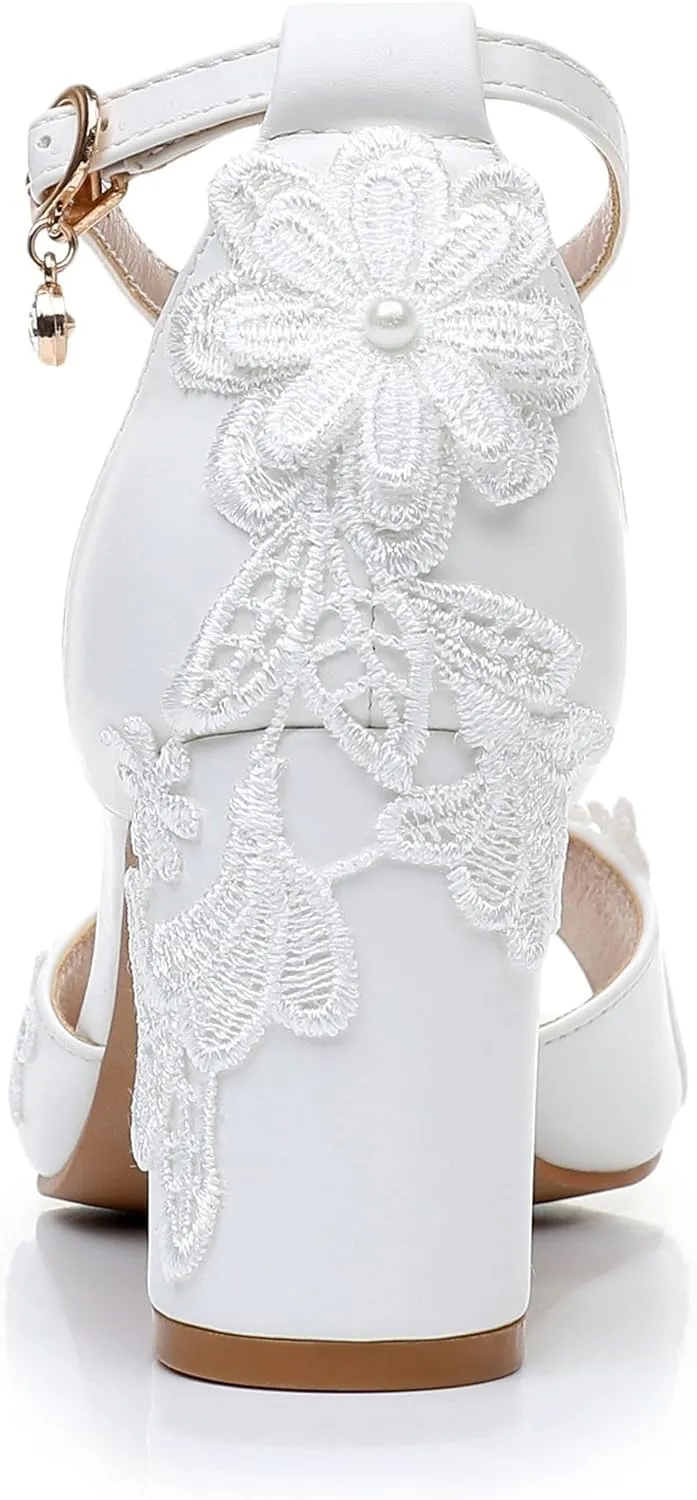 3 Inches Women Thick High Heels Bride Sandals White Floral Lace Pumps Wedding Shoes