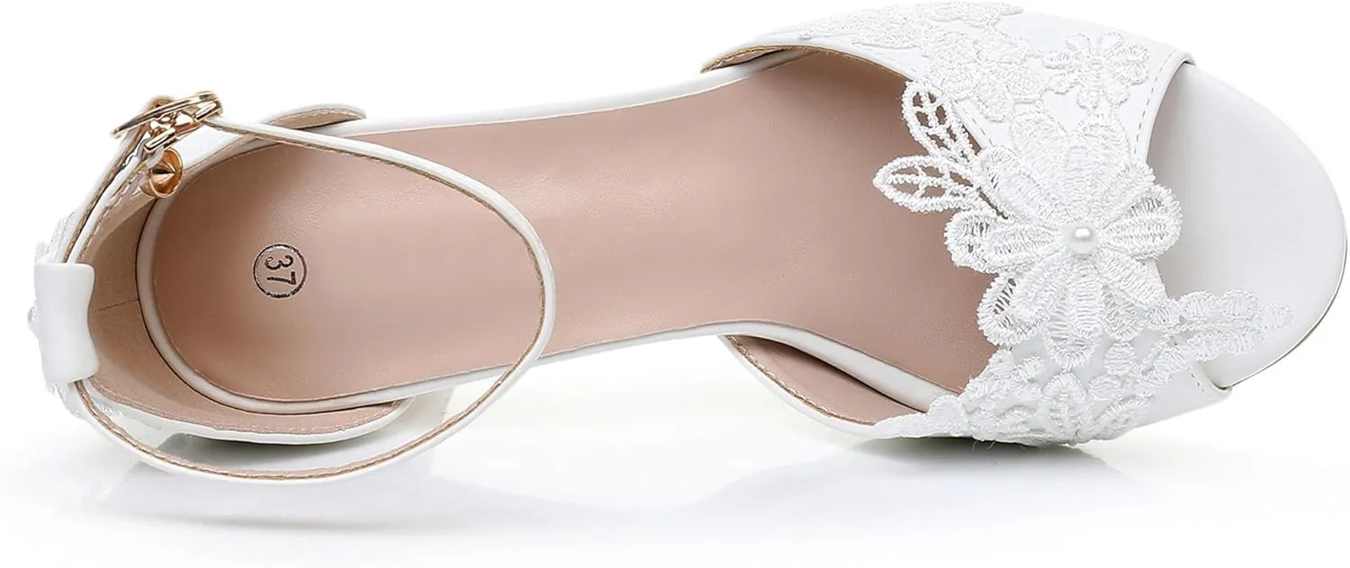 3 Inches Women Thick High Heels Bride Sandals White Floral Lace Pumps Wedding Shoes