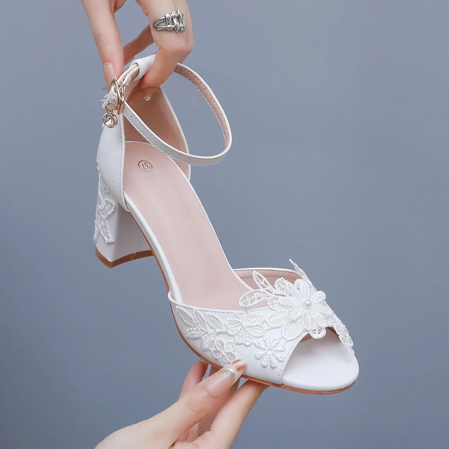 3 Inches Women Thick High Heels Bride Sandals White Floral Lace Pumps Wedding Shoes