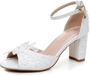 3 Inches Women Thick High Heels Bride Sandals White Floral Lace Pumps Wedding Shoes