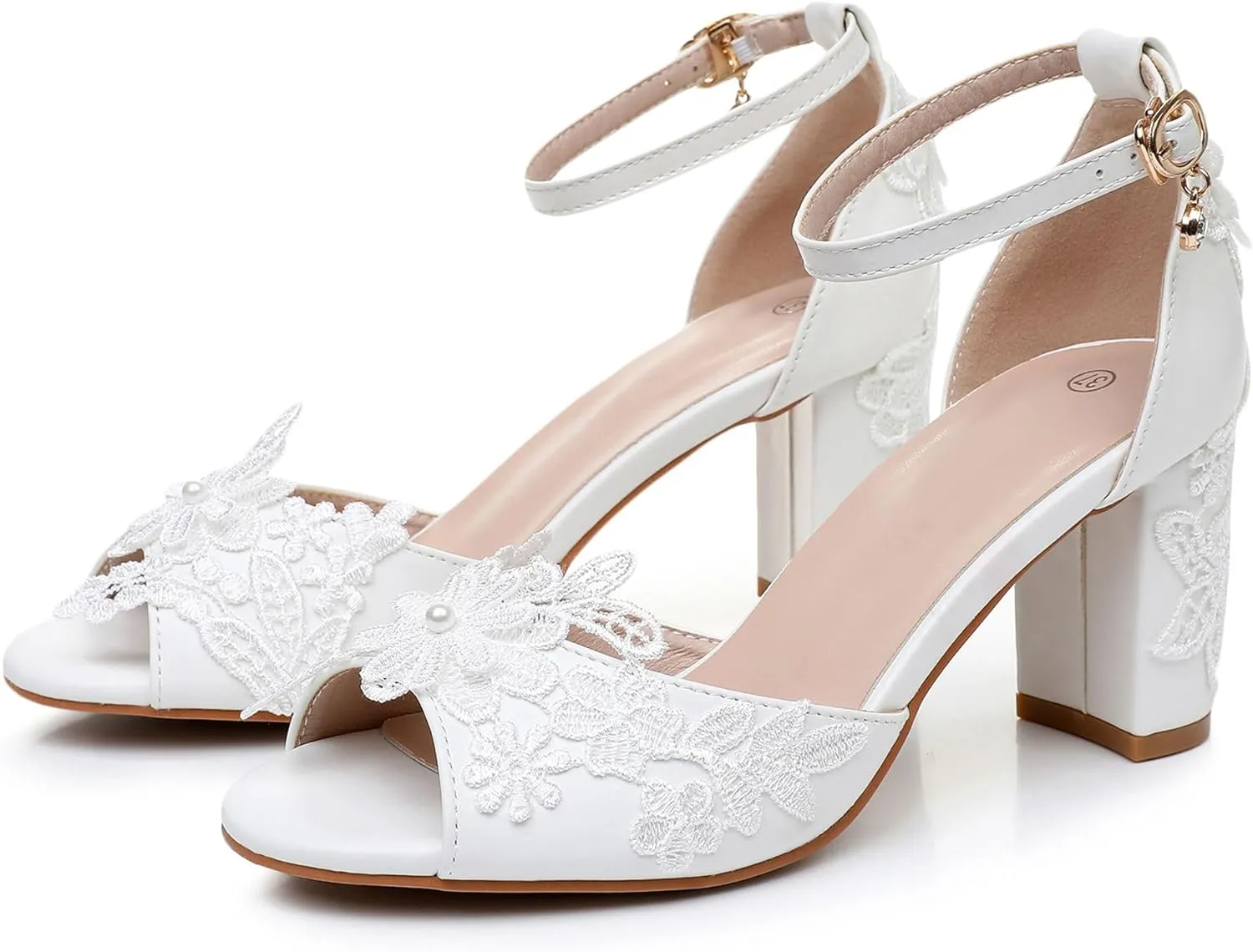 3 Inches Women Thick High Heels Bride Sandals White Floral Lace Pumps Wedding Shoes