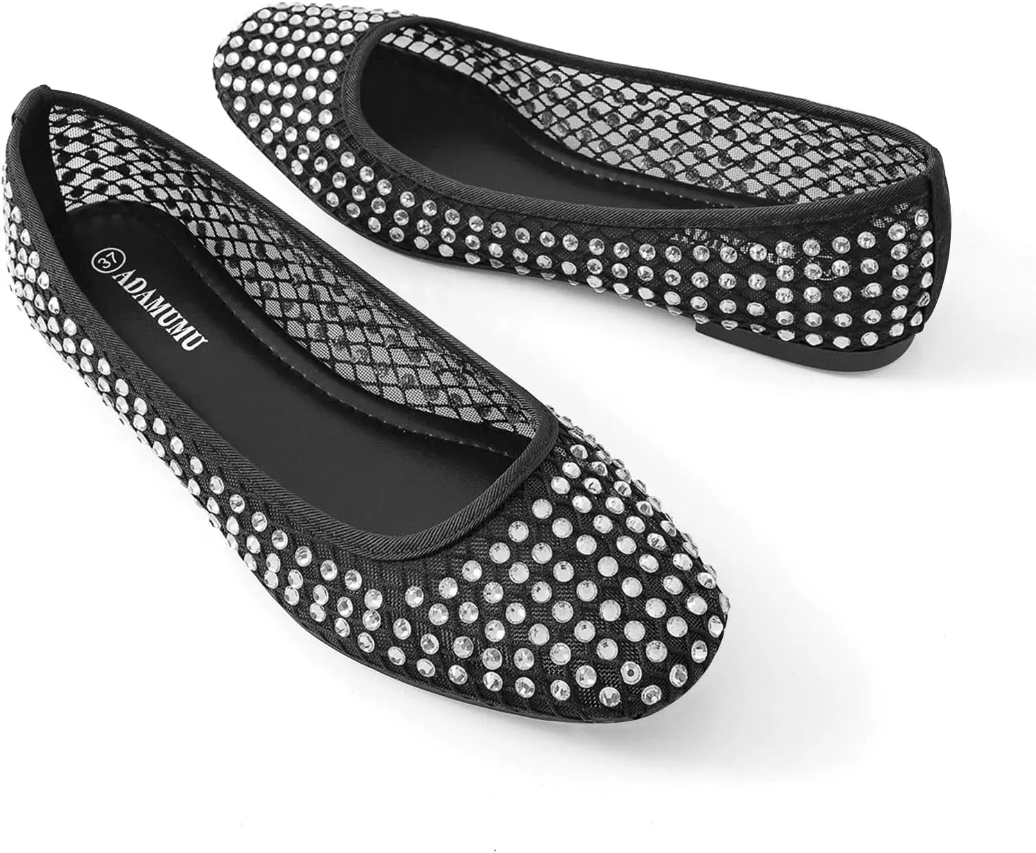 ADAMUMU Rhinestone Flats for Women Sparkly Crystals Ballerina Shoes Crystals Sparkly Mary Jane Flats Round Toe Buckle Strap Design Comfortable and Non Slip Sole Flat for Daily Wear and Work