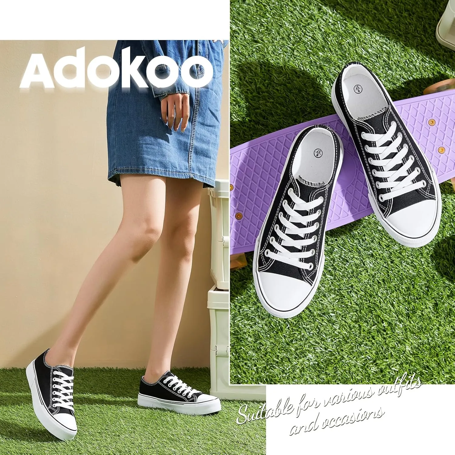 Adokoo Canvas Tennis Shoes for Women Low Top Casual White Black Sneakers for Women Lace Up Fashion Comfortable Walking Shoes