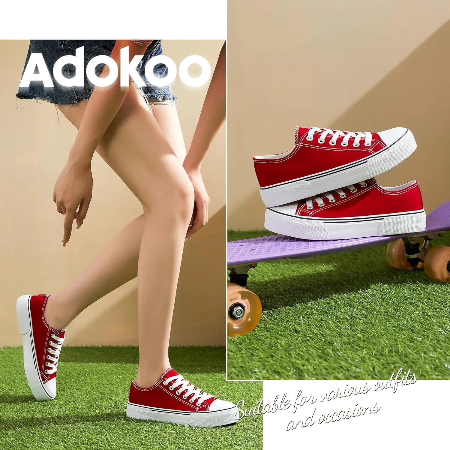 Adokoo Canvas Tennis Shoes for Women Low Top Casual White Black Sneakers for Women Lace Up Fashion Comfortable Walking Shoes