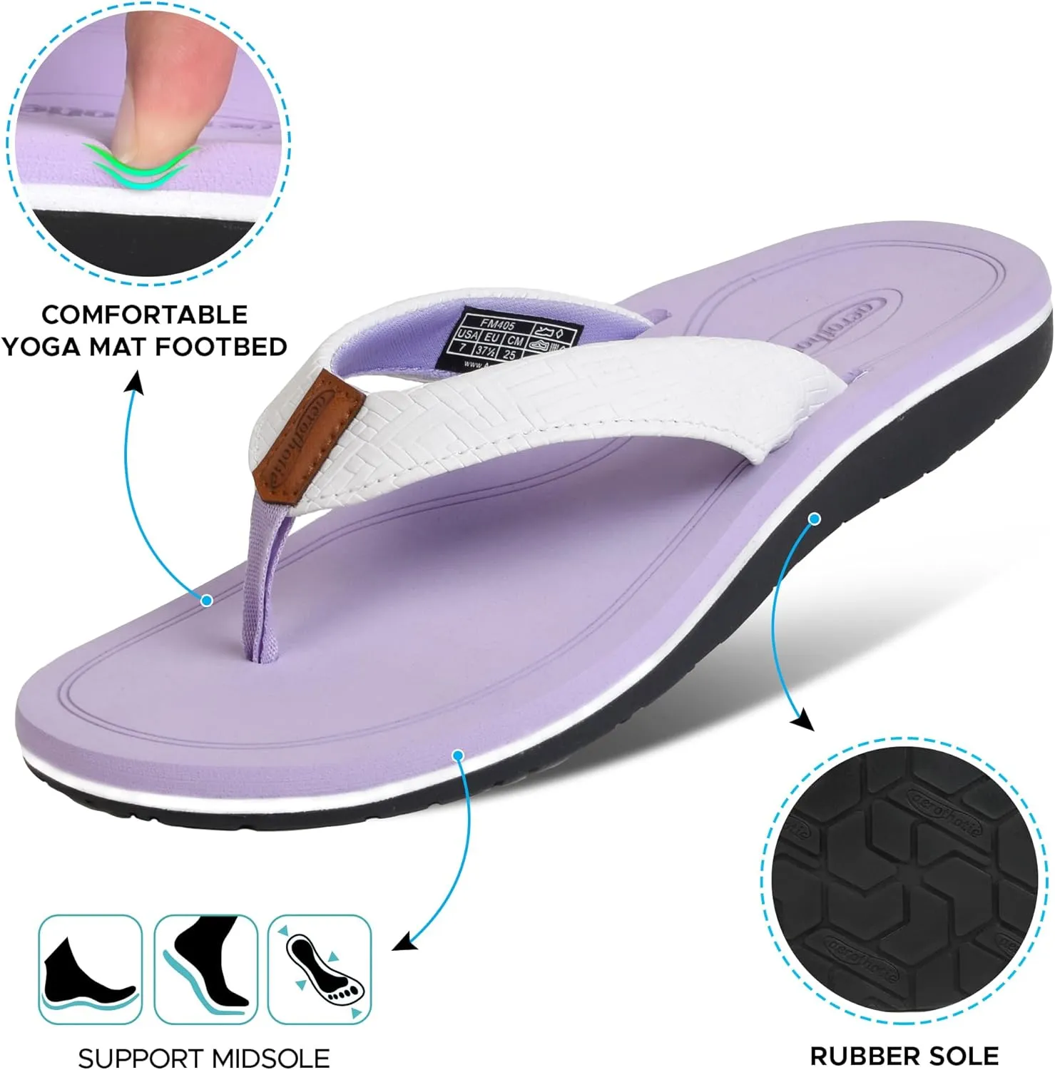 AEROTHOTIC Flip Flops Arch Support Womens – Slip On Recovery Plantar Fasciitis Relief Orthotic Slippers – Lightweight Thong Cushioning Sandals Women – Indoor Outdoor Beach Yoga Mat Footbed Footwear