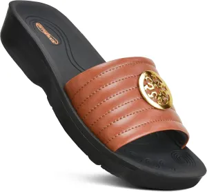 AEROTHOTIC Womens Slides Slip On Recovery Footwear Plantar Fasciitis Slides for Women with Arch Support Yoga Mat Indoor Outdoor Walking Ladies Soft Padded Dressy Non Slip Foodbed Beach Sandals Women