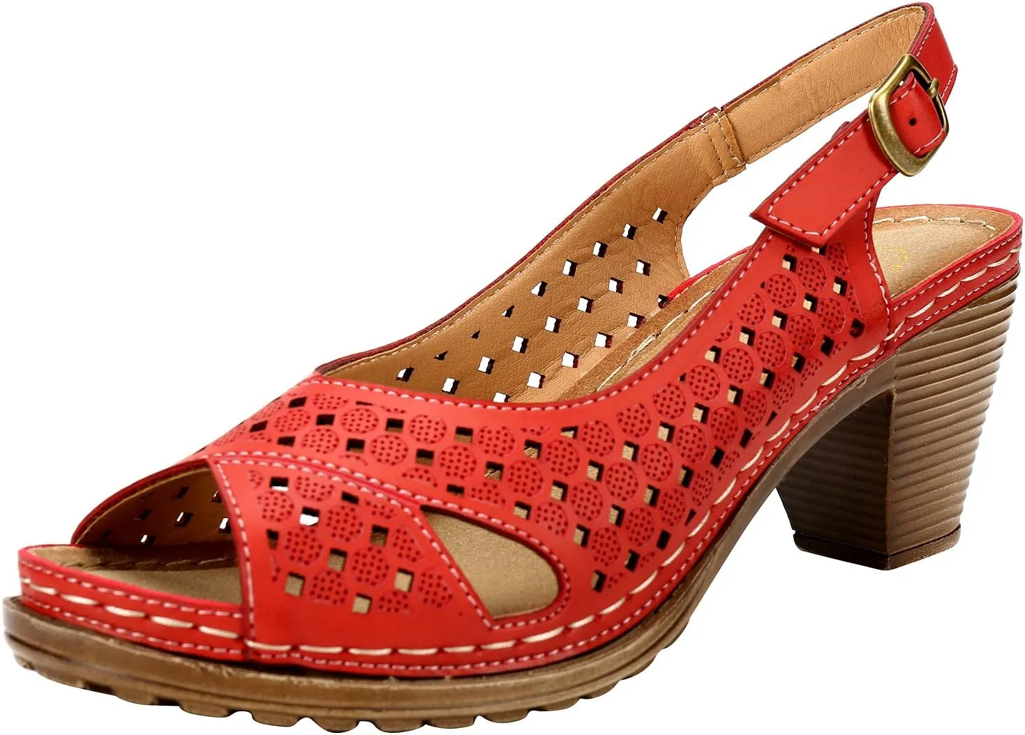 Alexis Leroy Block Heel Cut-Out Vamp Peep Toe Slingback Women's Sandals