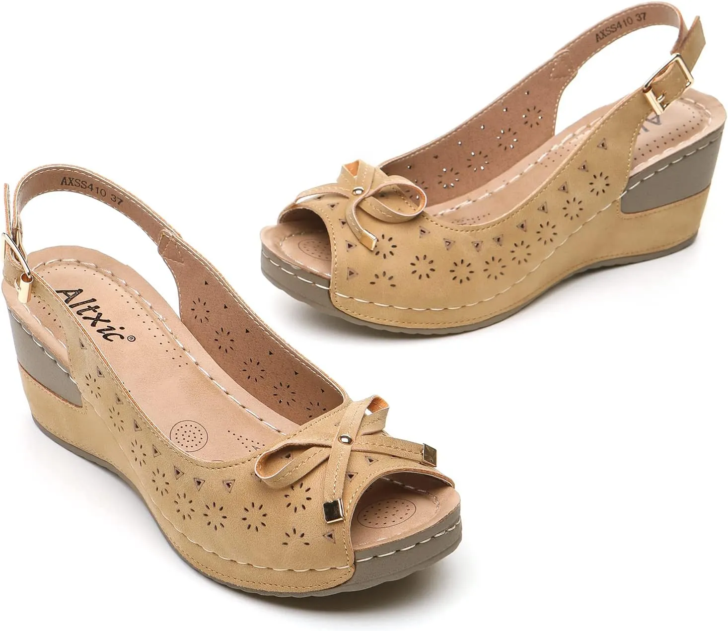 Altxic Women's Peep Toe Bow Hollow Out Slingback Platform Wedge Sandals