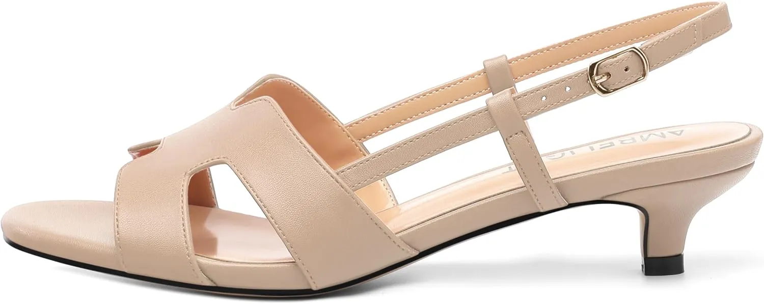 AMBELIGHT Women's Strappy Dress Pumps Buckle Open Round Toe Slingback Dating Comfort Matte Kitten Low Heel Heeled Sandals 1.5 Inch