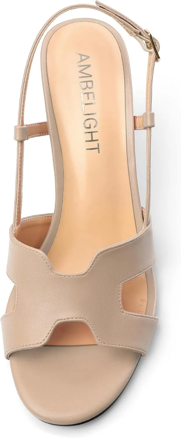 AMBELIGHT Women's Strappy Dress Pumps Buckle Open Round Toe Slingback Dating Comfort Matte Kitten Low Heel Heeled Sandals 1.5 Inch
