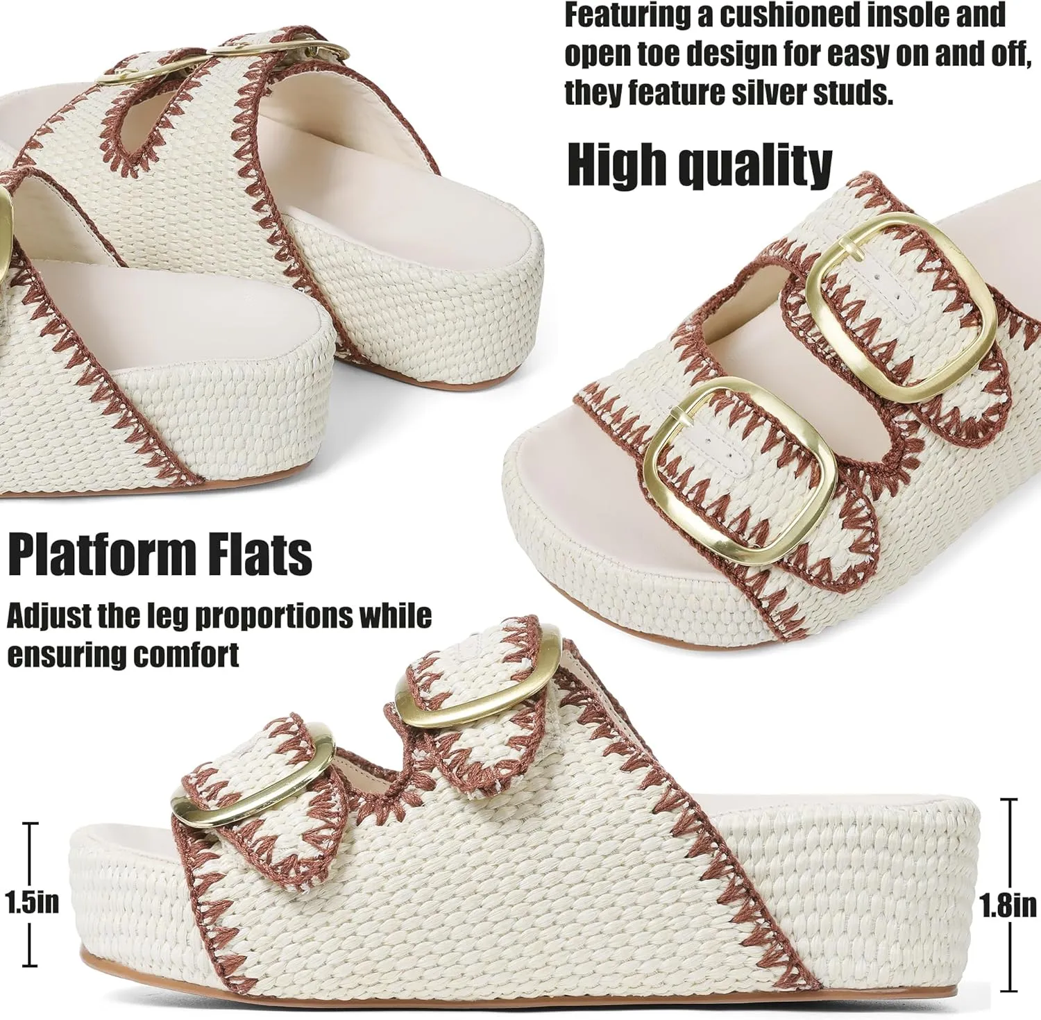 AMINUGAL Flat Sandals for Women Dressy Summer Raffia Platform Sandals Women Beach Platform Slides for Women Open Toe Straw Woven Sandals Women Buckle Womens Flat Sandals