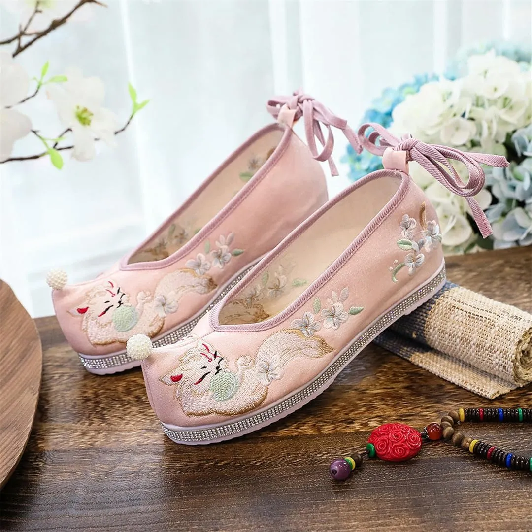 Animal Embroidered Women Cotton Fabric Chinese Style Hanfu Shoes Ankle Strap Casual Non-Slip Platforms