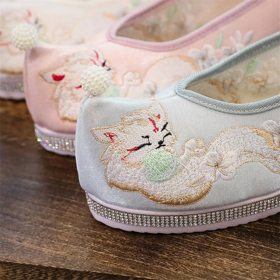 Animal Embroidered Women Cotton Fabric Chinese Style Hanfu Shoes Ankle Strap Casual Non-Slip Platforms