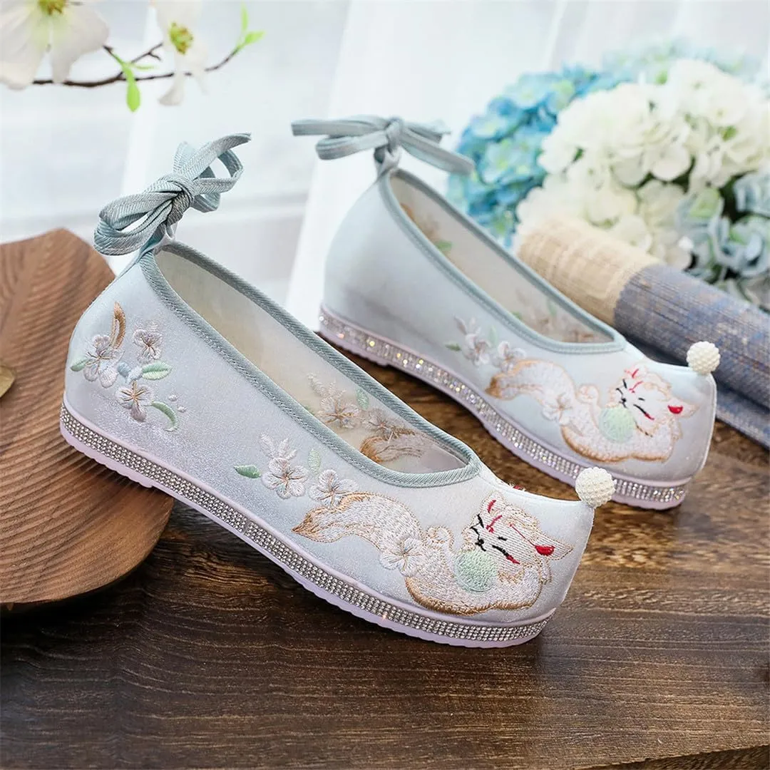 Animal Embroidered Women Cotton Fabric Chinese Style Hanfu Shoes Ankle Strap Casual Non-Slip Platforms