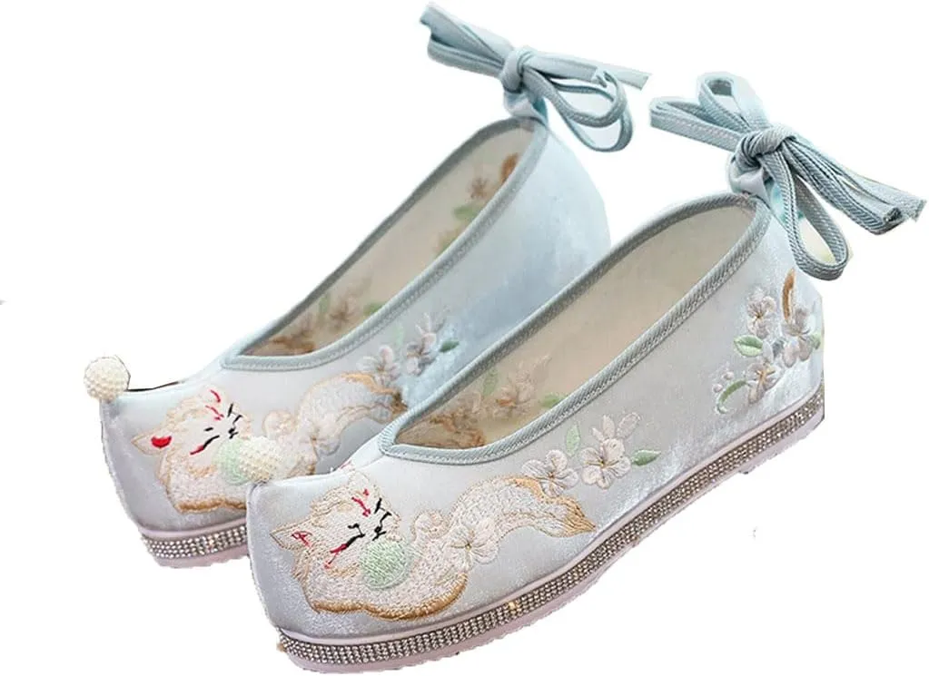 Animal Embroidered Women Cotton Fabric Chinese Style Hanfu Shoes Ankle Strap Casual Non-Slip Platforms