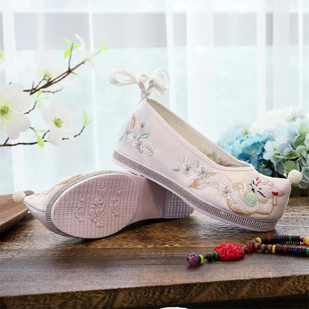 Animal Embroidered Women Cotton Fabric Chinese Style Hanfu Shoes Ankle Strap Casual Non-Slip Platforms