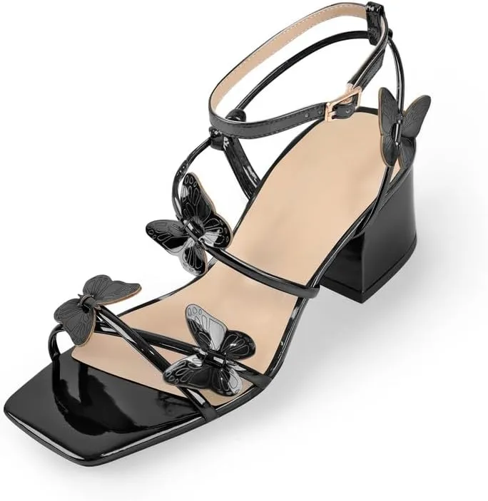 Ankle Strap Butterfly Decor Square Toe Mid Chunky Heels Sandals