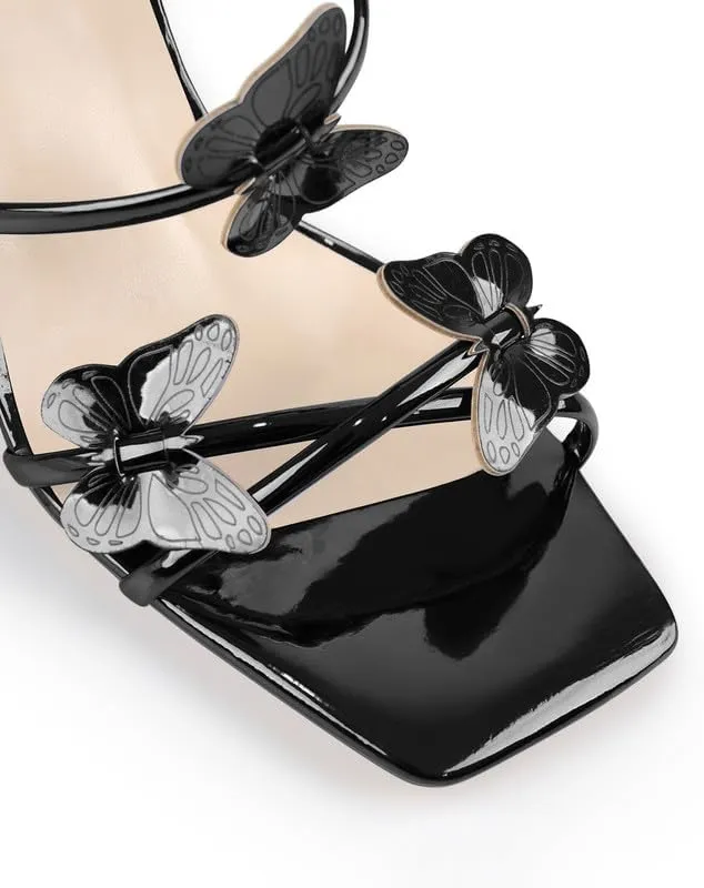 Ankle Strap Butterfly Decor Square Toe Mid Chunky Heels Sandals