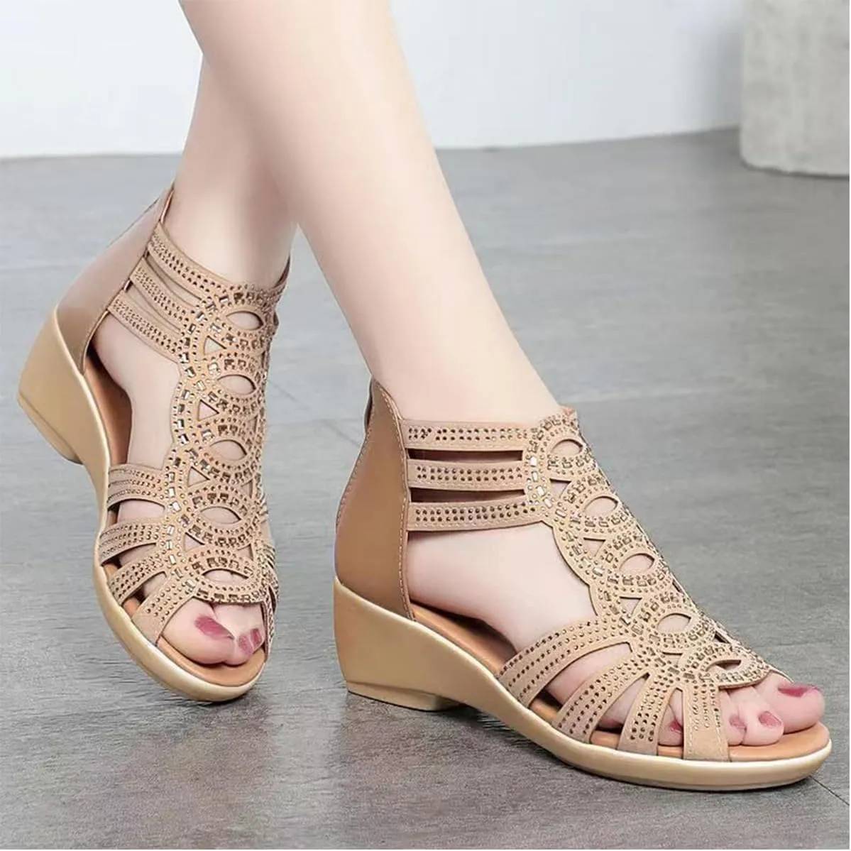 Anti-Skid Soft Rhinestone Wedge Heel Sandals,Rhinestone Zipper Strappy Anti-Slip Summer Dressy Sandals