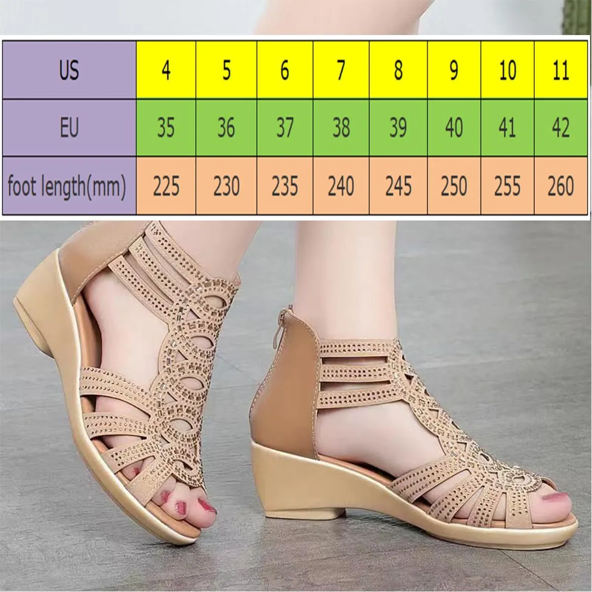 Anti-Skid Soft Rhinestone Wedge Heel Sandals,Rhinestone Zipper Strappy Anti-Slip Summer Dressy Sandals
