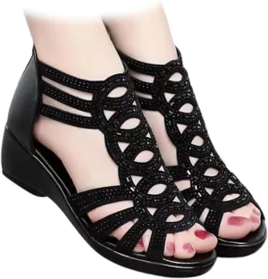 Anti-Skid Soft Rhinestone Wedge Heel Sandals,Rhinestone Zipper Strappy Anti-Slip Summer Dressy Sandals