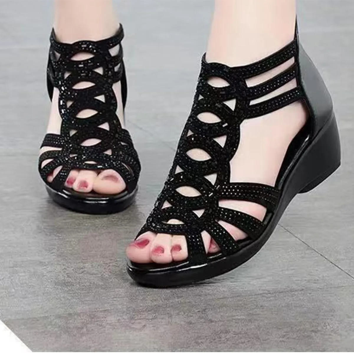 Anti-Skid Soft Rhinestone Wedge Heel Sandals,Rhinestone Zipper Strappy Anti-Slip Summer Dressy Sandals