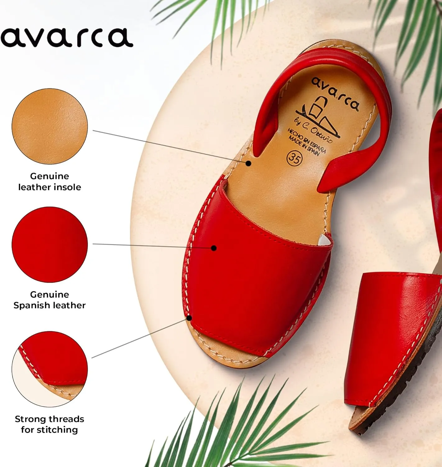 Avarca Leather Flat Sandals for Women - Made in Spain - Peep Toe Womens Sandals, Perfect Beach Essentials - Comfortable Spanish Women's Shoes for Every Occasion, Handmade Slingback Shoes