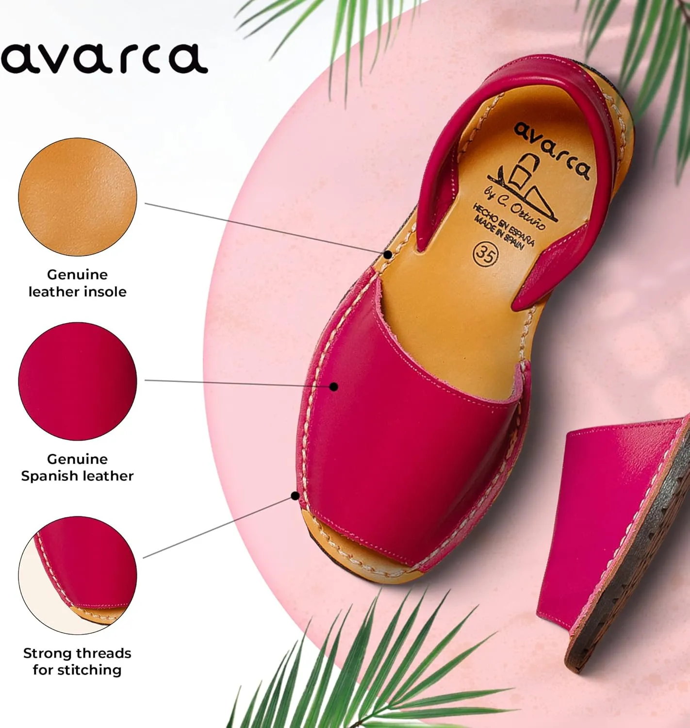 Avarca Leather Flat Sandals for Women - Made in Spain - Peep Toe Womens Sandals, Perfect Beach Essentials - Comfortable Spanish Women's Shoes for Every Occasion, Handmade Slingback Shoes