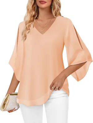 Bebonnie Womens Ruffle 3/4 Sleeve V Neck Double Layers Chiffon Blouses Dressy Tops