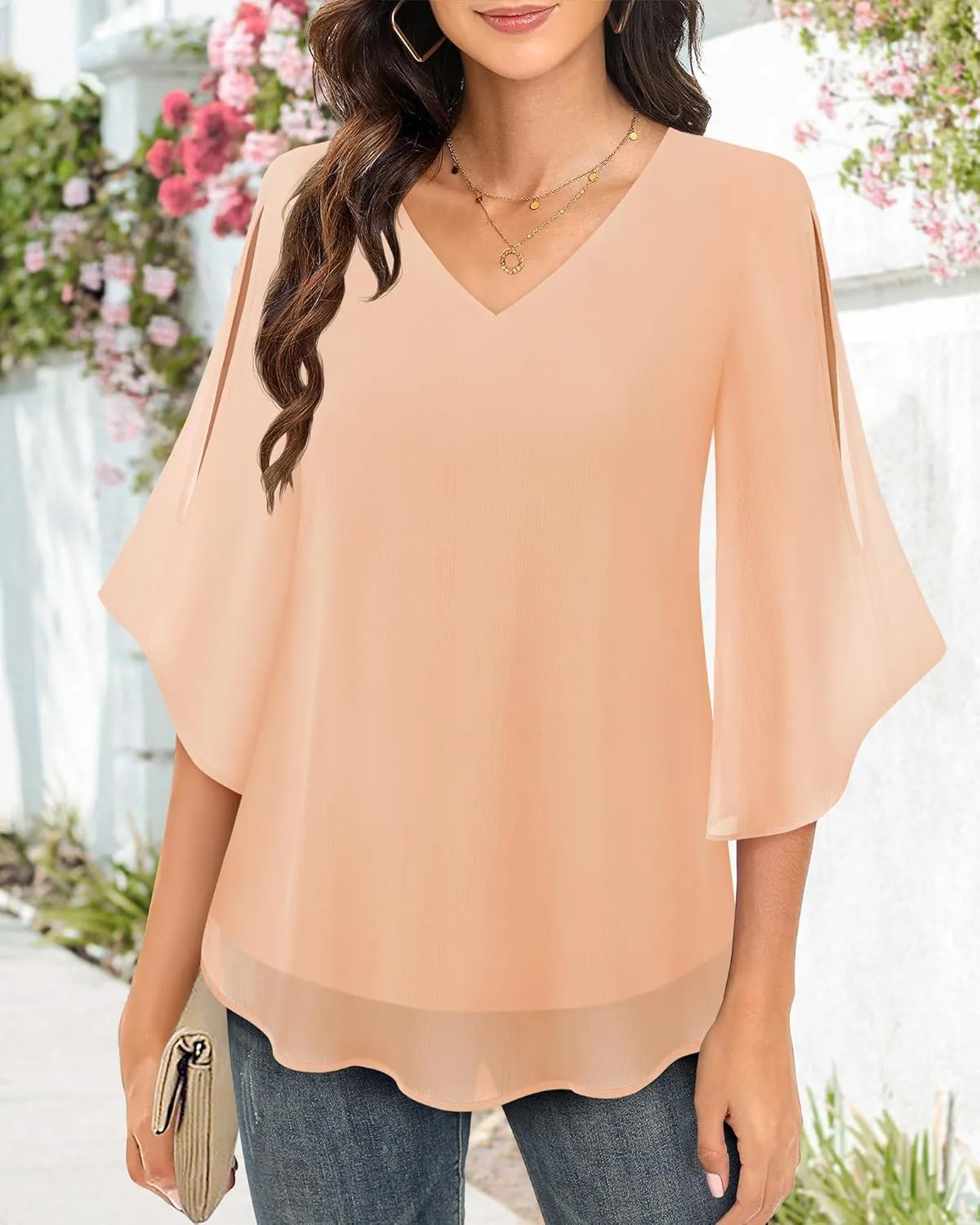 Bebonnie Womens Ruffle 3/4 Sleeve V Neck Double Layers Chiffon Blouses Dressy Tops