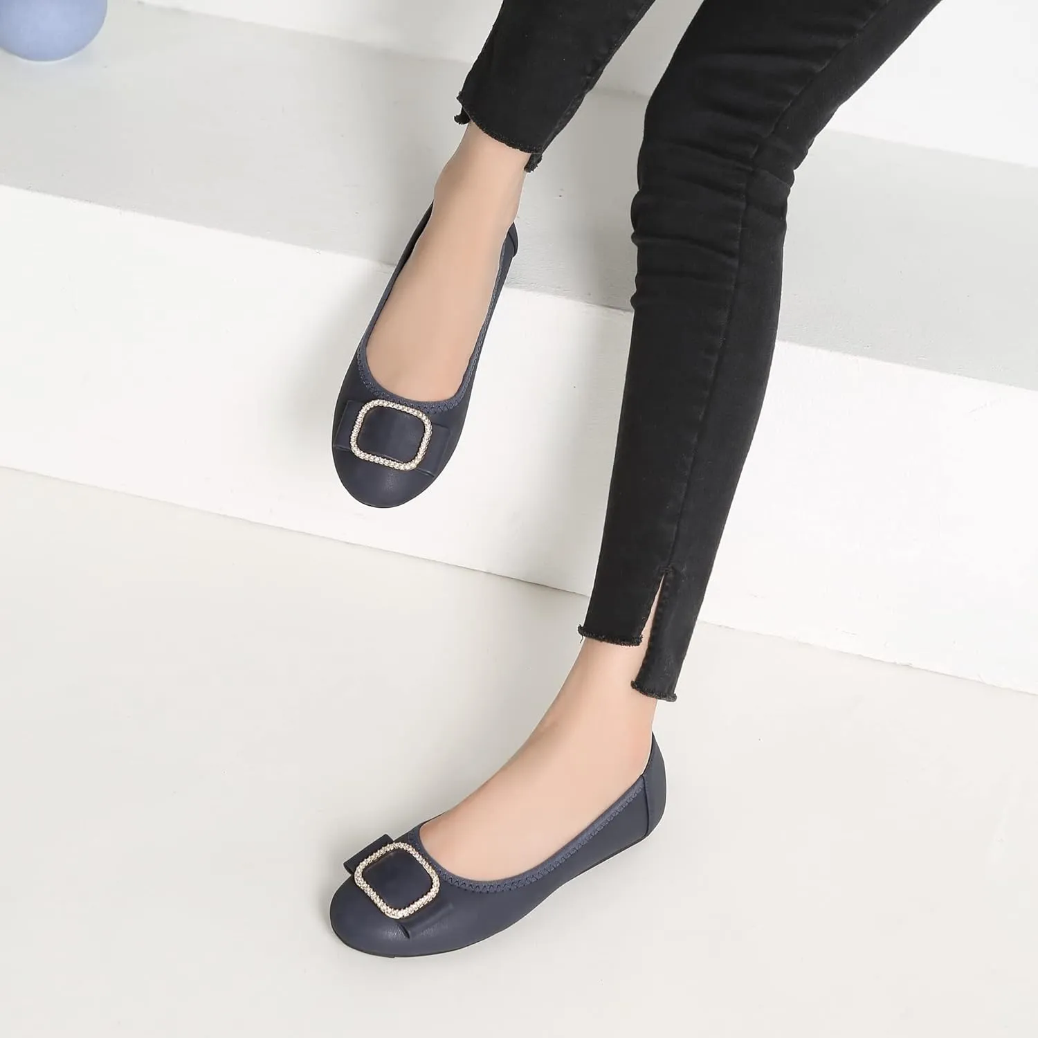 Bernal Women's Comfortable Flat Shoes - Round Toe Classic Cute Bow Metal Buckle Slip on Ballet Flats