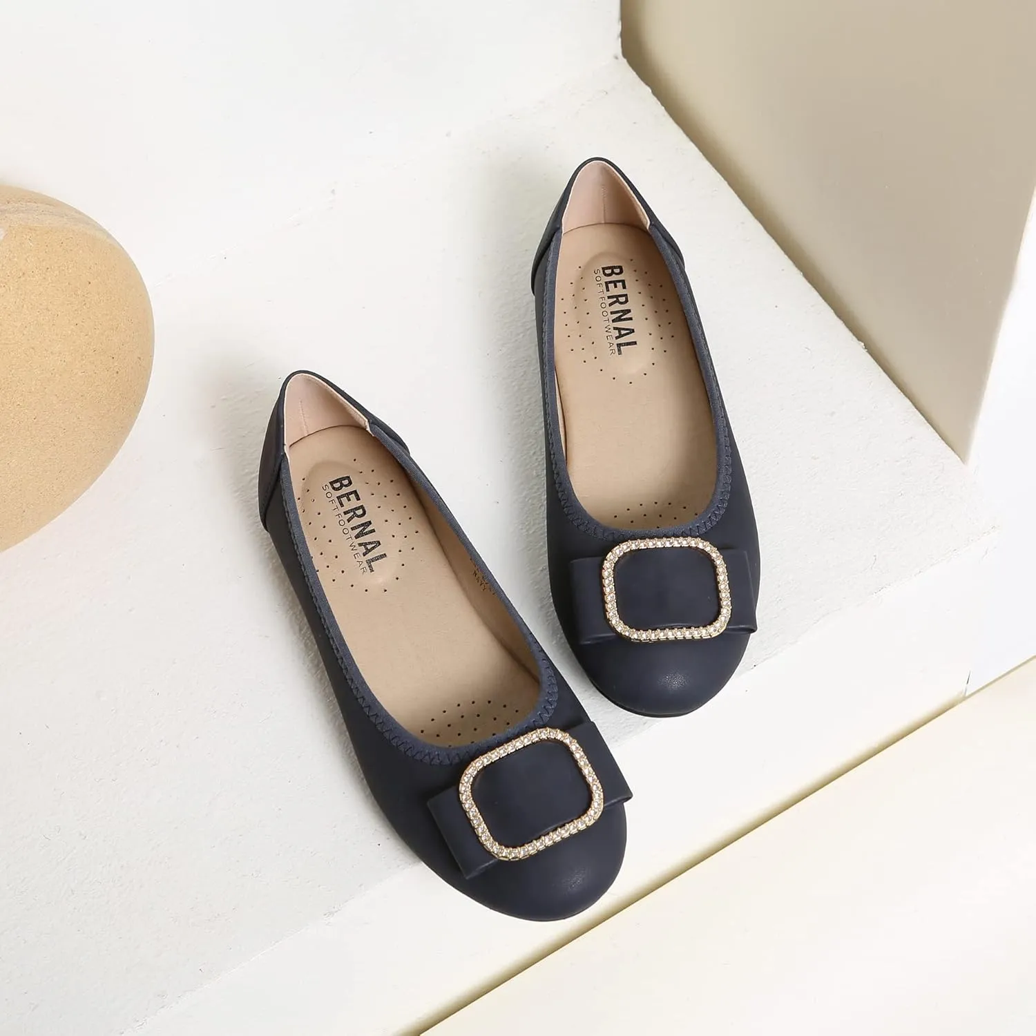 Bernal Women's Comfortable Flat Shoes - Round Toe Classic Cute Bow Metal Buckle Slip on Ballet Flats