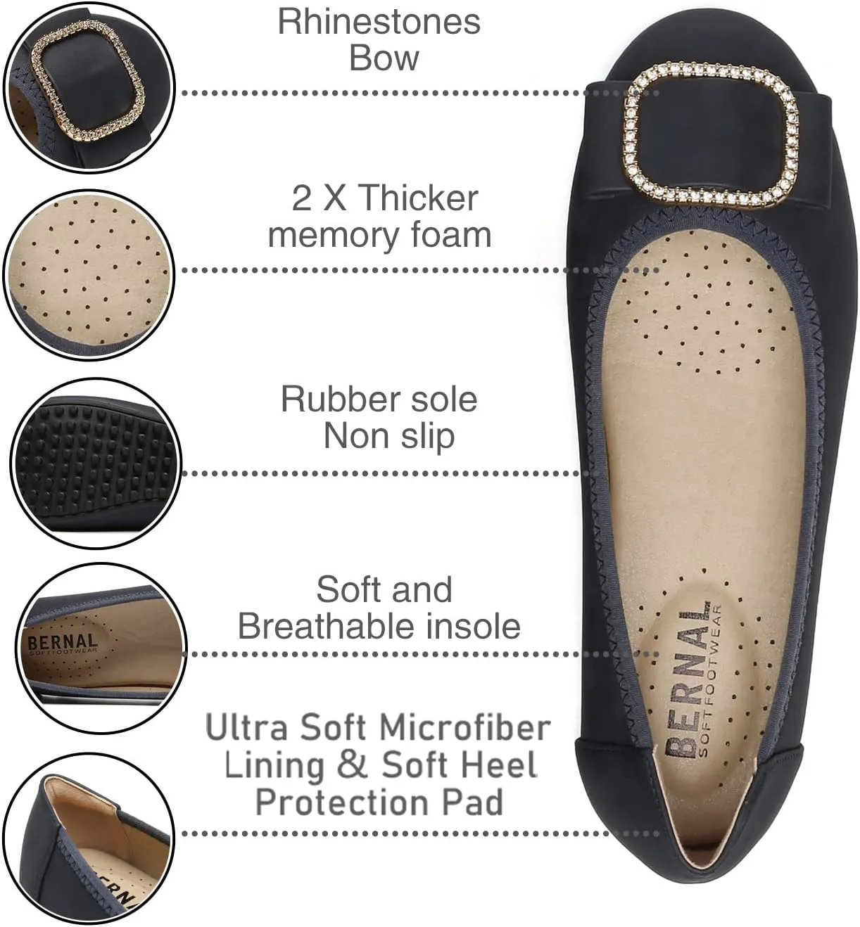 Bernal Women's Comfortable Flat Shoes - Round Toe Classic Cute Bow Metal Buckle Slip on Ballet Flats