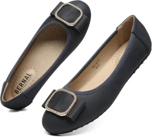 Bernal Women's Comfortable Flat Shoes - Round Toe Classic Cute Bow Metal Buckle Slip on Ballet Flats