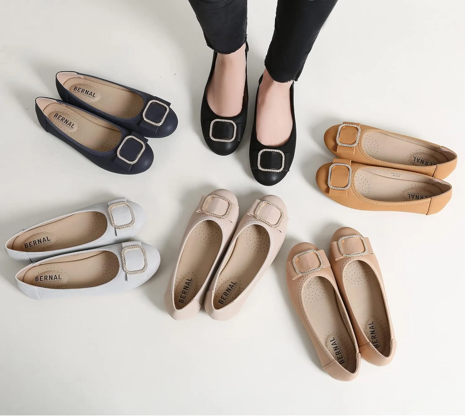 Bernal Women's Comfortable Flat Shoes - Round Toe Classic Cute Bow Metal Buckle Slip on Ballet Flats