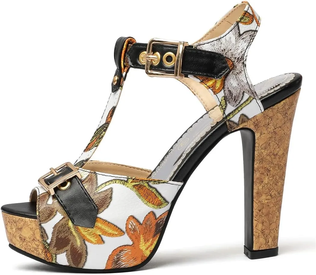 Betastella Women's T Strap Chunky Platform Sandals Peep Toe Floral Print High block Heels Slingback Pumps Dress Shoes