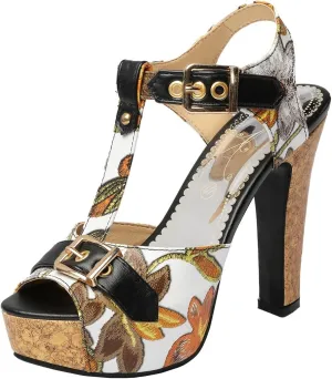 Betastella Women's T Strap Chunky Platform Sandals Peep Toe Floral Print High block Heels Slingback Pumps Dress Shoes