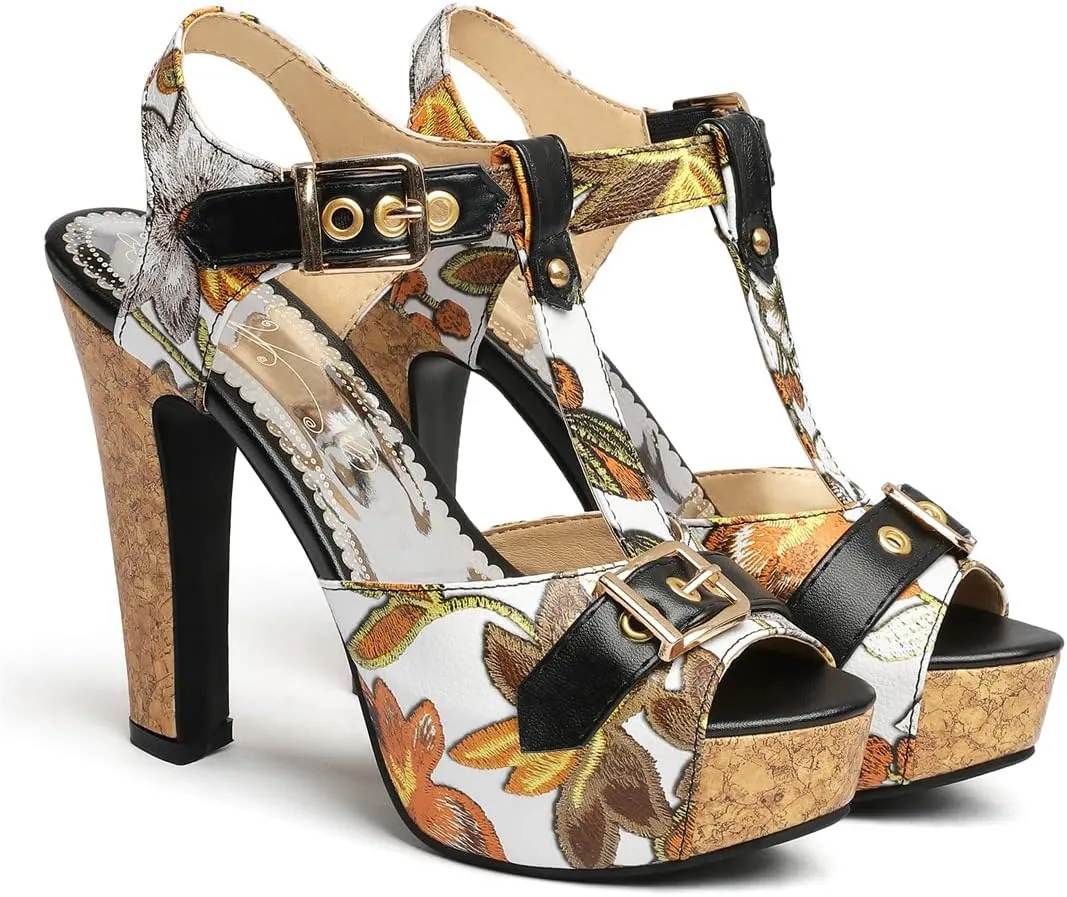 Betastella Women's T Strap Chunky Platform Sandals Peep Toe Floral Print High block Heels Slingback Pumps Dress Shoes