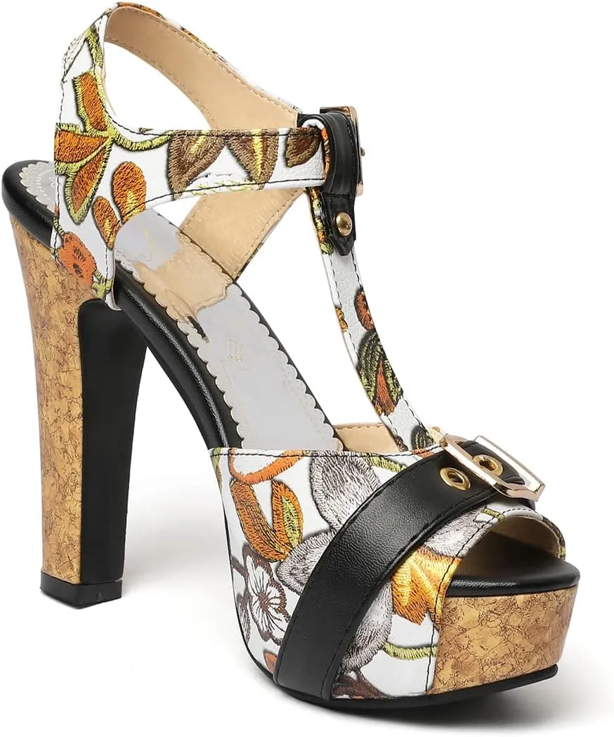 Betastella Women's T Strap Chunky Platform Sandals Peep Toe Floral Print High block Heels Slingback Pumps Dress Shoes