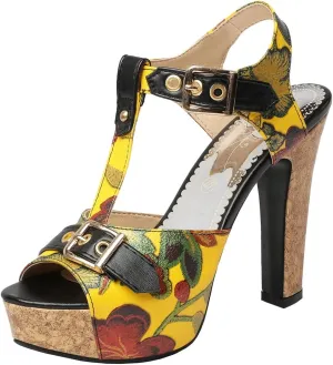Betastella Women's T Strap Chunky Platform Sandals Peep Toe Floral Print High block Heels Slingback Pumps Dress Shoes