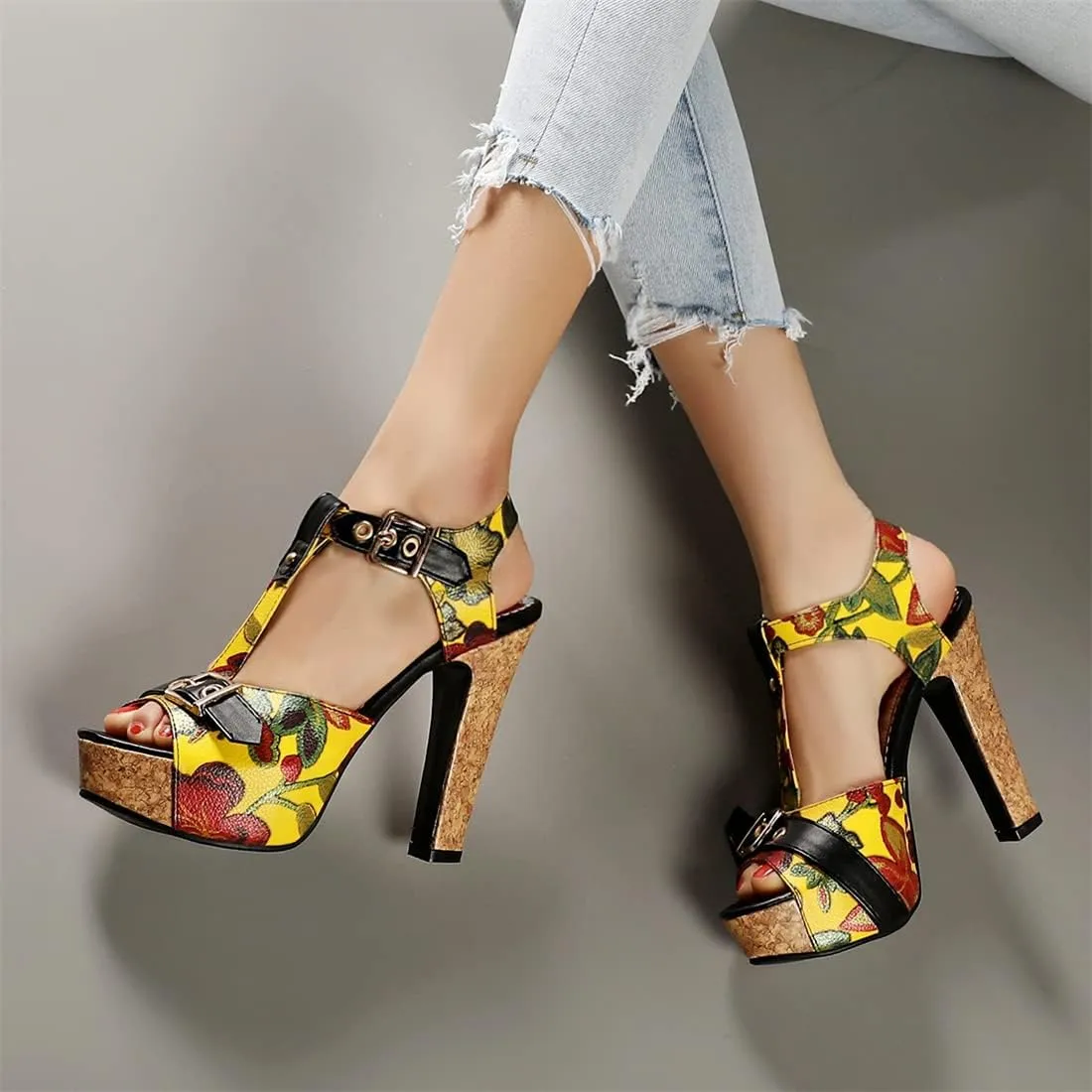 Betastella Women's T Strap Chunky Platform Sandals Peep Toe Floral Print High block Heels Slingback Pumps Dress Shoes