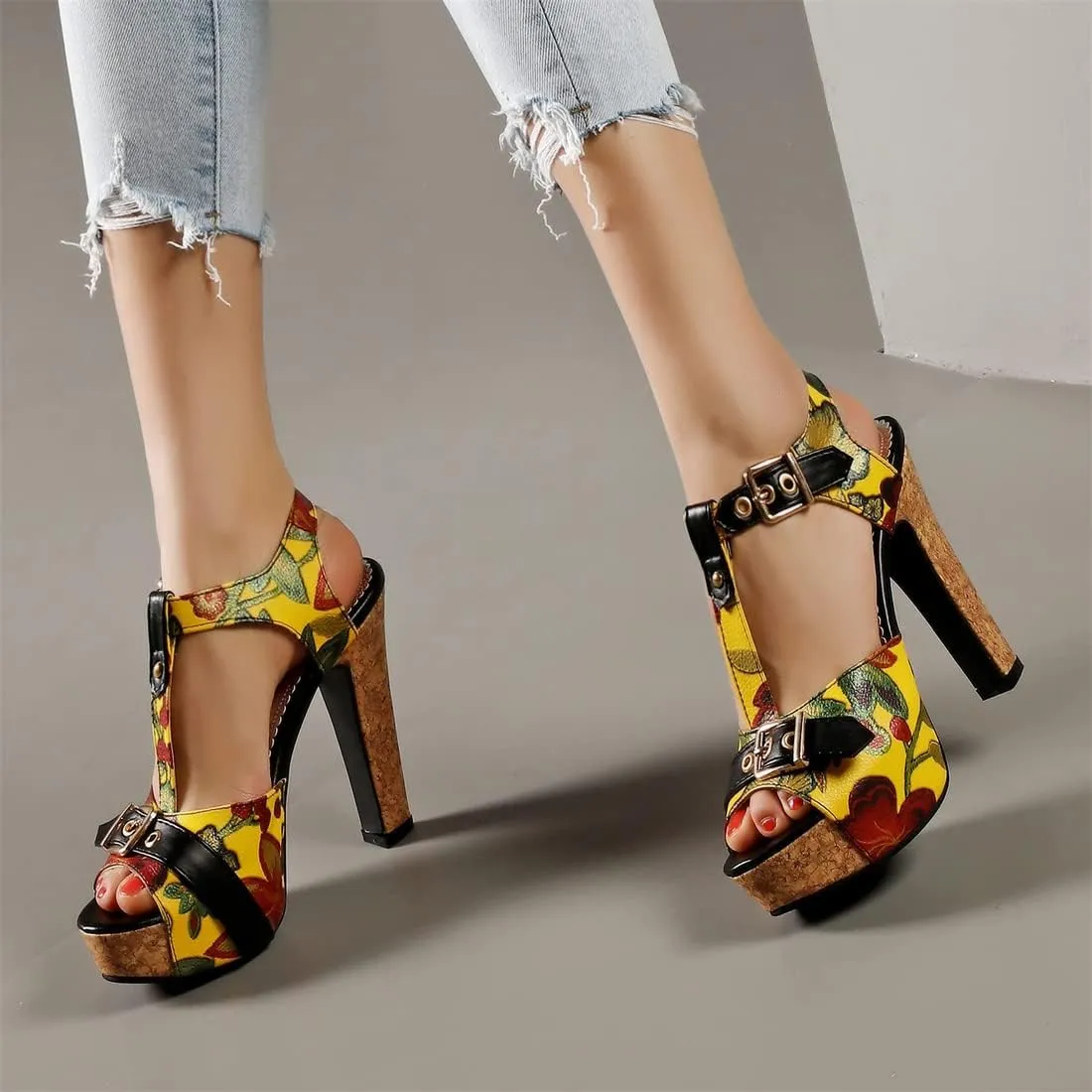 Betastella Women's T Strap Chunky Platform Sandals Peep Toe Floral Print High block Heels Slingback Pumps Dress Shoes