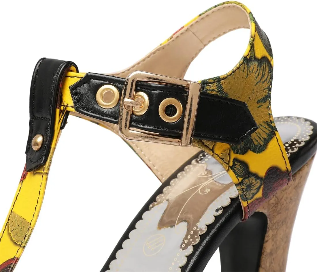 Betastella Women's T Strap Chunky Platform Sandals Peep Toe Floral Print High block Heels Slingback Pumps Dress Shoes