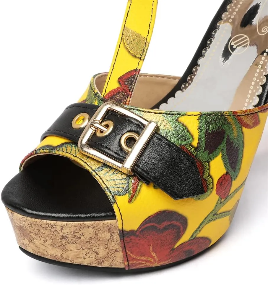 Betastella Women's T Strap Chunky Platform Sandals Peep Toe Floral Print High block Heels Slingback Pumps Dress Shoes