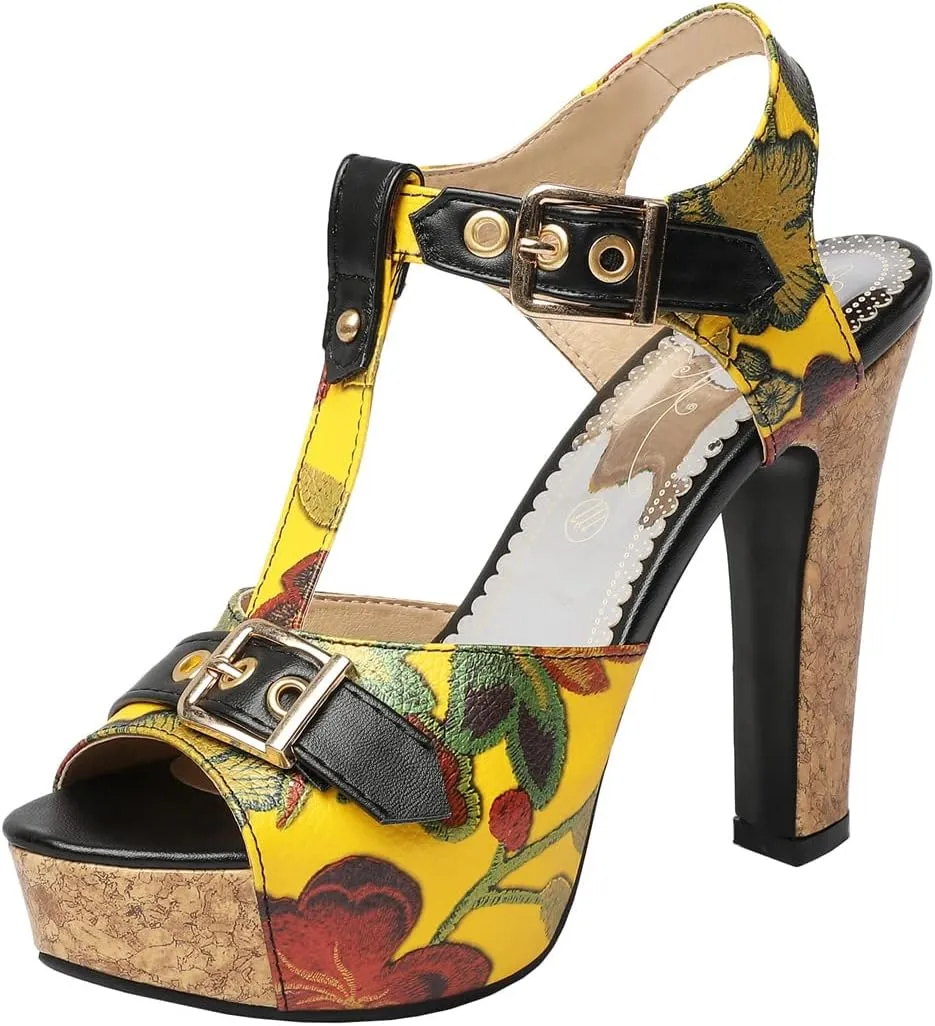 Betastella Women's T Strap Chunky Platform Sandals Peep Toe Floral Print High block Heels Slingback Pumps Dress Shoes