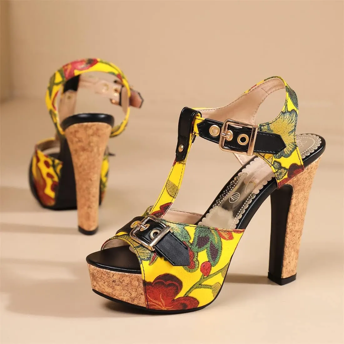 Betastella Women's T Strap Chunky Platform Sandals Peep Toe Floral Print High block Heels Slingback Pumps Dress Shoes