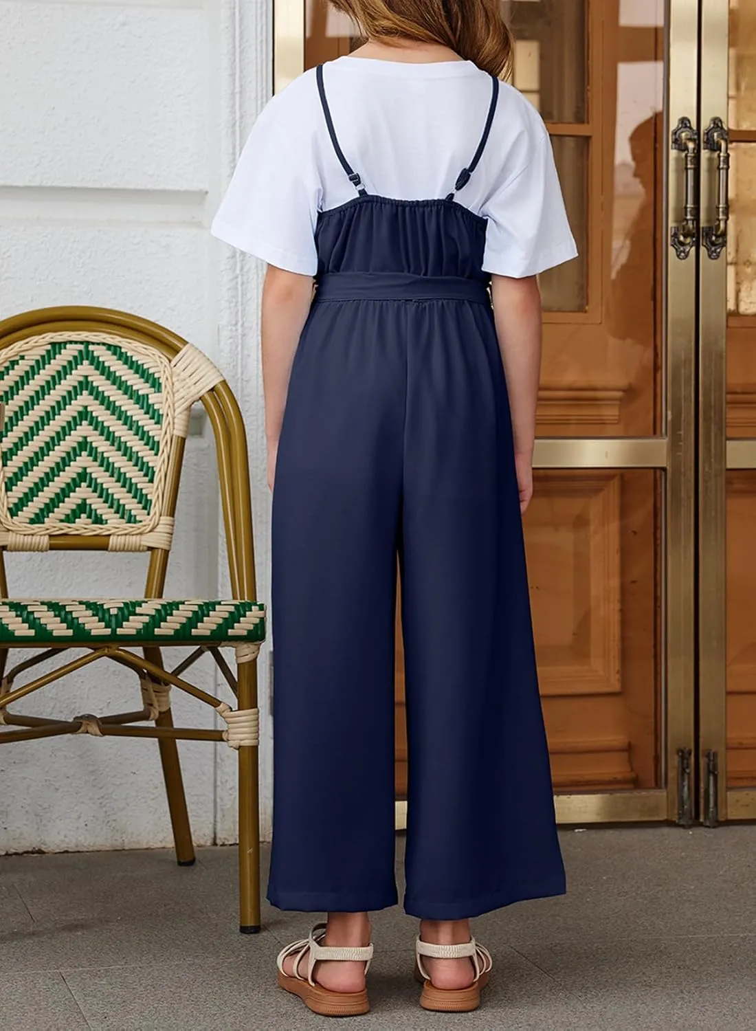 blibean Girls Sleeveless Jumpsuits Belted Wide Leg Romper with Pockets Size 6-15 Years