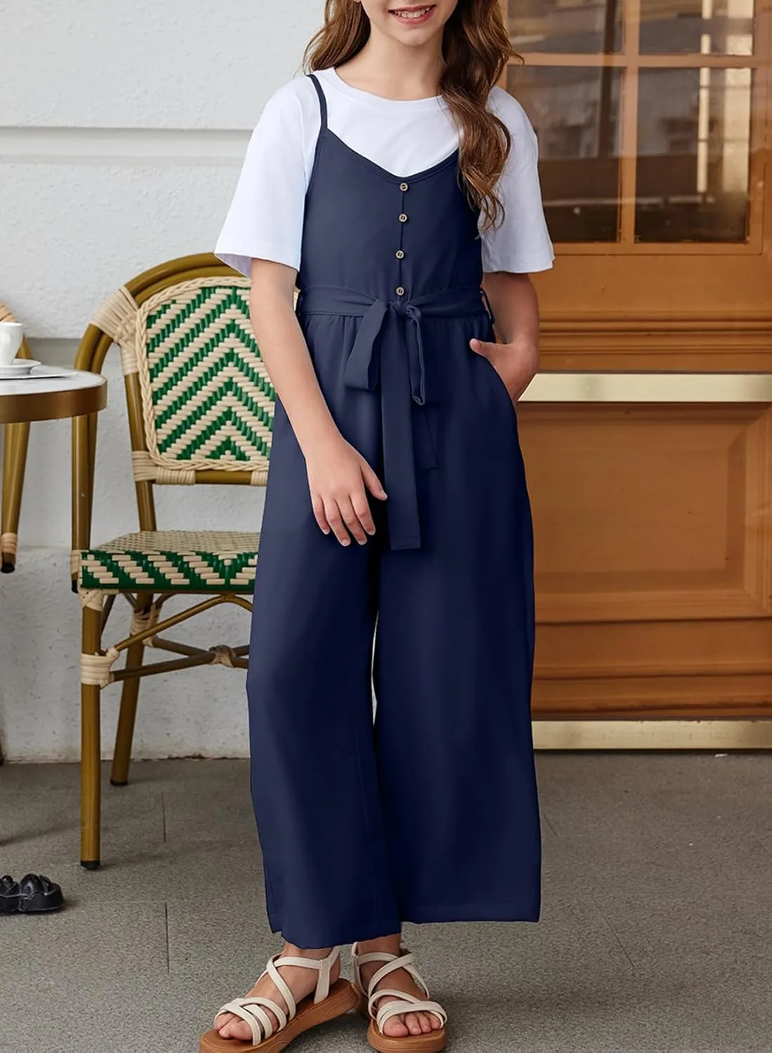 blibean Girls Sleeveless Jumpsuits Belted Wide Leg Romper with Pockets Size 6-15 Years