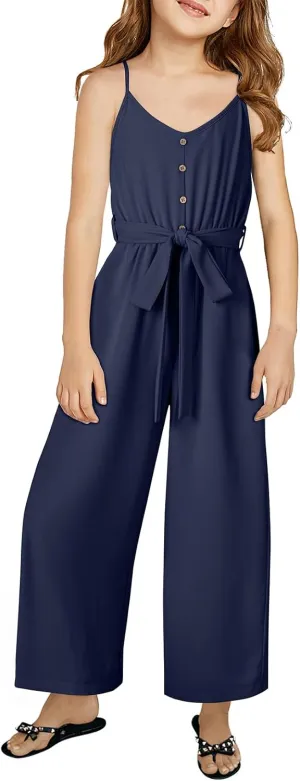 blibean Girls Sleeveless Jumpsuits Belted Wide Leg Romper with Pockets Size 6-15 Years